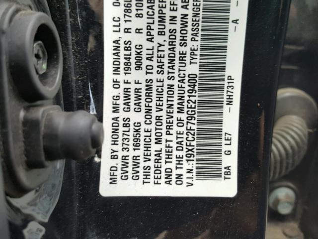 19XFC2F79GE219400 - 2016 HONDA CIVIC EX შავი ფოტო 10