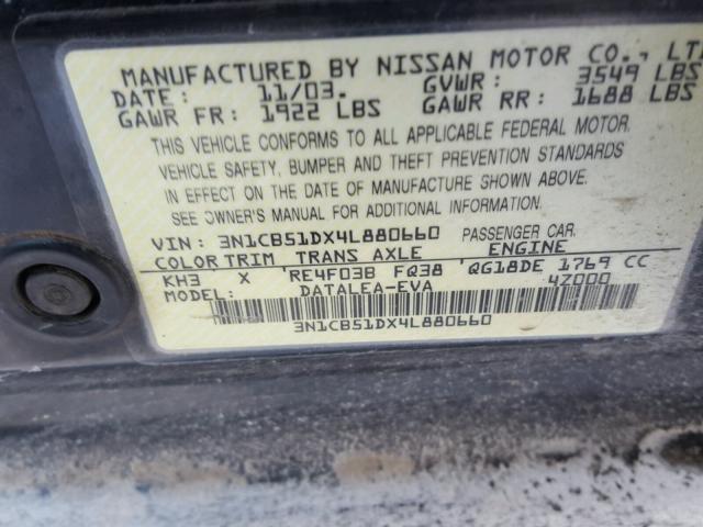 3N1CB51DX4L880660 - 2004 NISSAN SENTRA 1.8 BLACK photo 10