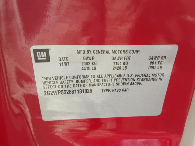 2G2WP552881181026 - 2008 PONTIAC GRAND PRIX RED photo 10