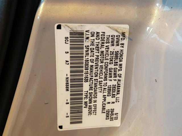 5FNRL18083B151635 - 2003 HONDA ODYSSEY EX SILVER photo 10