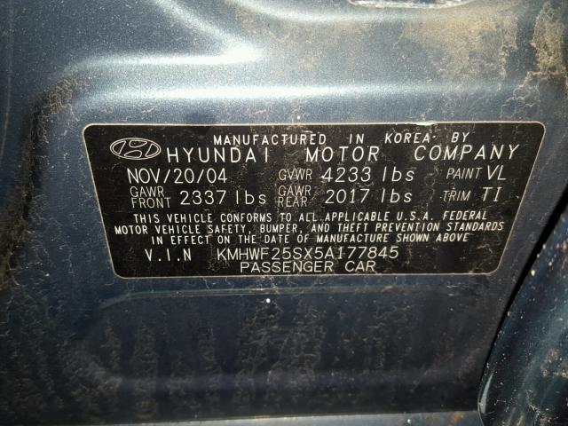 KMHWF25SX5A177845 - 2005 HYUNDAI SONATA GL BLUE photo 10