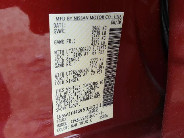 1N6AA1F44GN514011 - 2016 NISSAN TITAN XD S RED photo 10