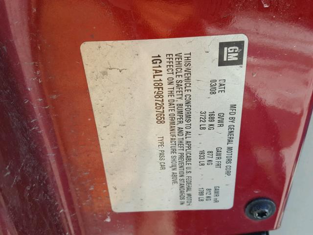 1G1AL18F987267658 - 2008 CHEVROLET COBALT LT MAROON photo 10