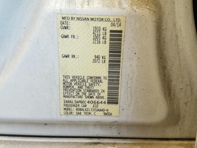 1N4AL3AP6EC406644 - 2014 NISSAN ALTIMA 2.5 WHITE photo 10