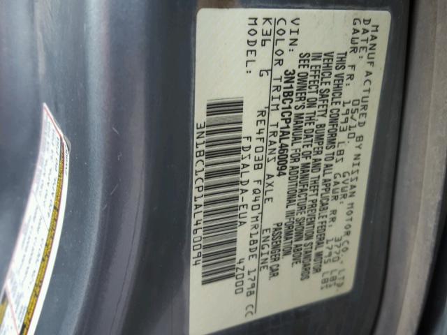 3N1BC1CP1AL460094 - 2010 NISSAN VERSA S GRAY photo 10