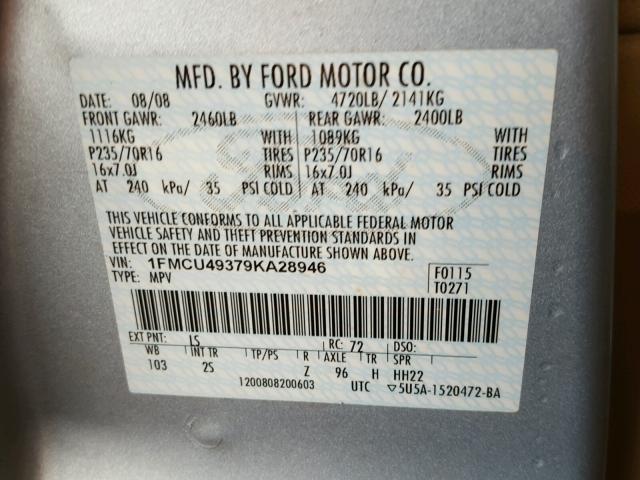 1FMCU49379KA28946 - 2009 FORD ESCAPE HYB BLUE photo 10