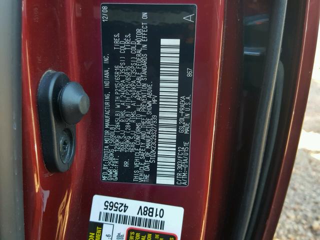 5TDZK23C29S277939 - 2009 TOYOTA SIENNA CE RED photo 10