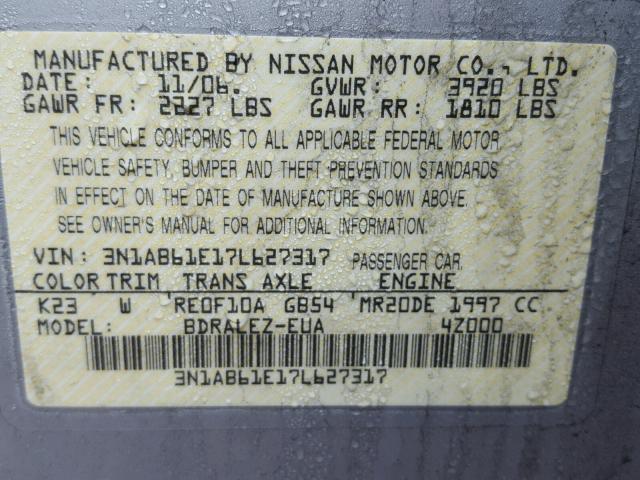 3N1AB61E17L627317 - 2007 NISSAN SENTRA 2.0 SILVER photo 10