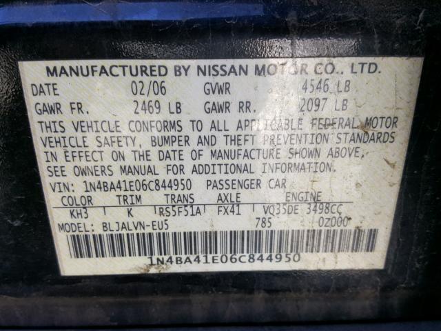 1N4BA41E06C844950 - 2006 NISSAN MAXIMA SE BLACK photo 10