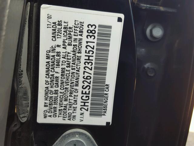 2HGES26723H521383 - 2003 HONDA CIVIC EX BLACK photo 10