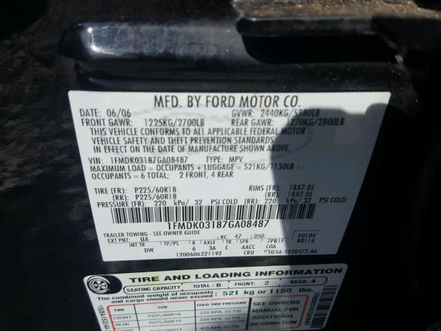 1FMDK03187GA08487 - 2007 FORD FREESTYLE BLACK photo 10