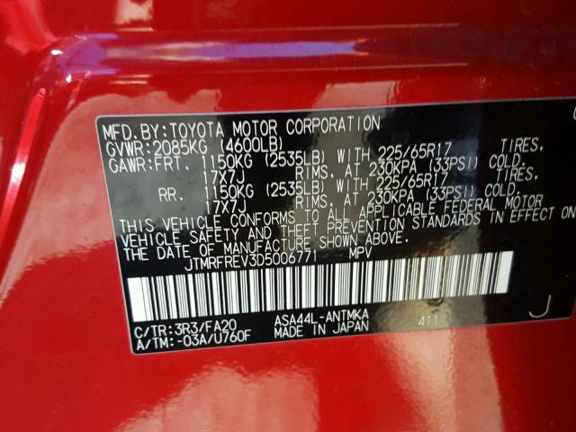 JTMRFREV3D5006771 - 2013 TOYOTA RAV4 XLE RED photo 10