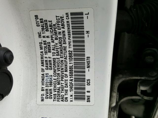 1HGFA16888L110882 - 2008 HONDA CIVIC EX თეთრი ფოტო 10