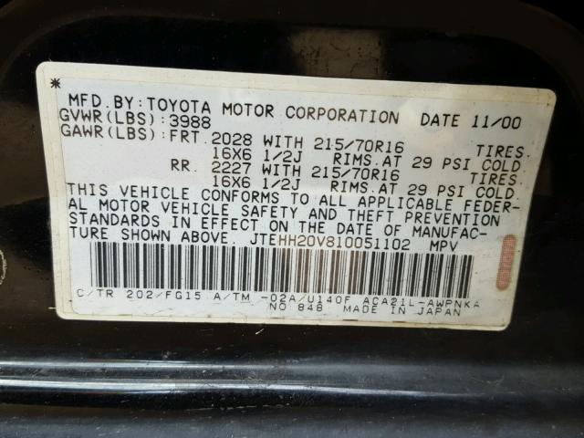 JTEHH20V810051102 - 2001 TOYOTA RAV4 BLACK photo 10