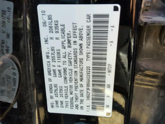 1HGCP3F88AA029220 - 2010 HONDA ACCORD EXL BLACK photo 10