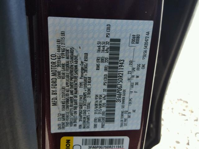 3FA6P0G75DR211943 - 2013 FORD FUSION S MAROON photo 10