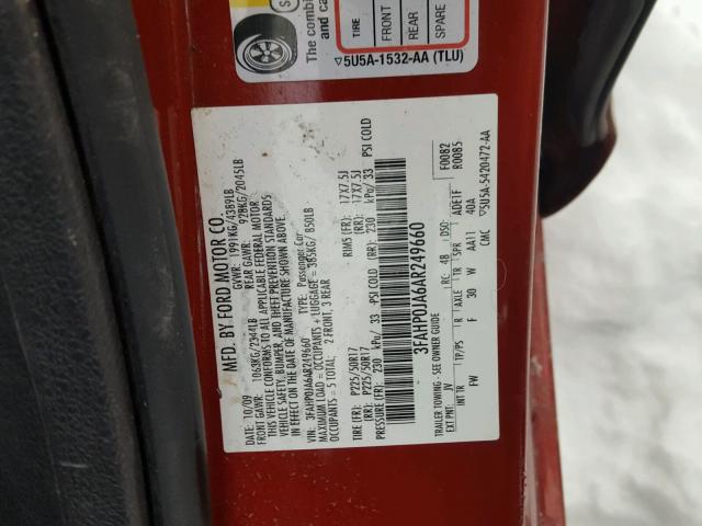 3FAHP0JA6AR249660 - 2010 FORD FUSION SEL RED photo 10