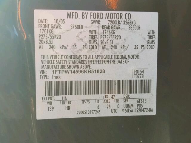 1FTPW14596KB51828 - 2006 FORD F150 SUPER BLACK photo 10