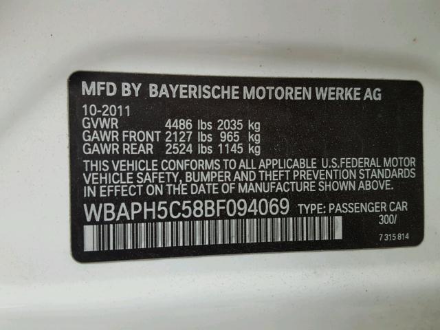 WBAPH5C58BF094069 - 2011 BMW 328 I SULE WHITE photo 10