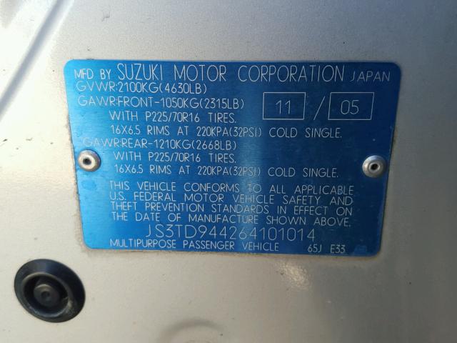 JS3TD944264101014 - 2006 SUZUKI GRAND VITA SILVER photo 10