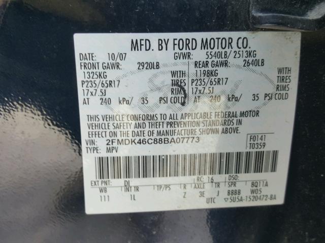 2FMDK46C88BA07773 - 2008 FORD EDGE SE BLUE photo 10