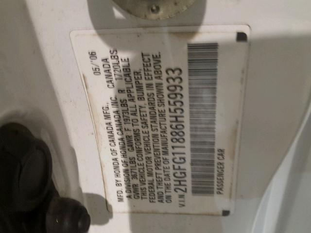 2HGFG11886H559933 - 2006 HONDA CIVIC EX WHITE photo 10