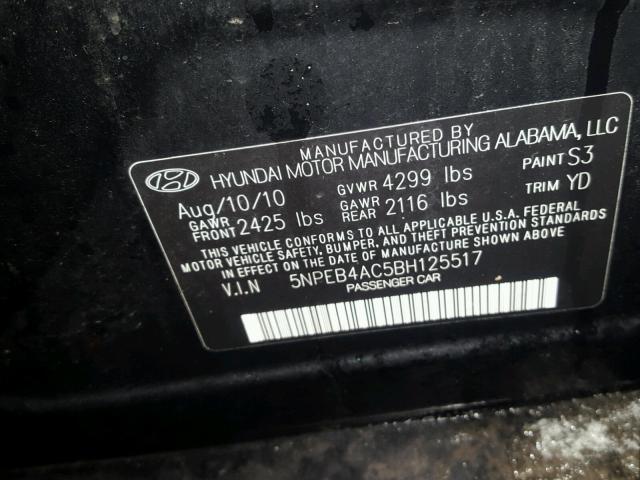 5NPEB4AC5BH125517 - 2011 HYUNDAI SONATA GLS BLACK photo 10