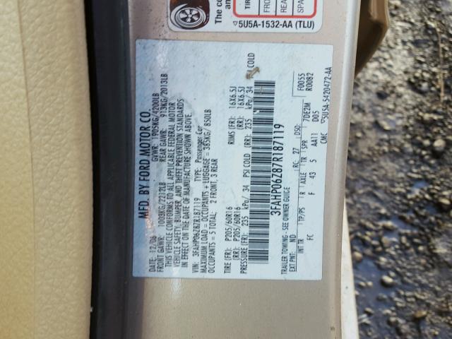 3FAHP06Z87R187119 - 2007 FORD FUSION S GOLD photo 10