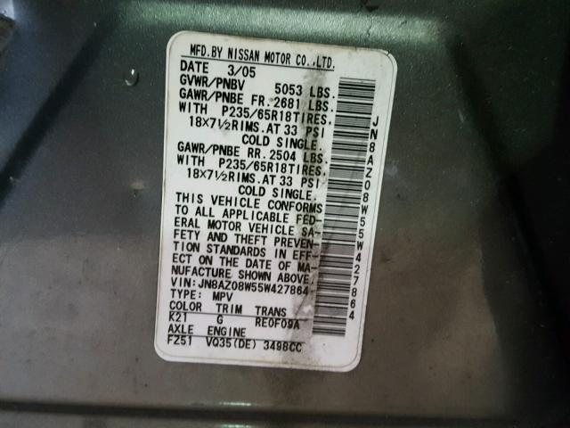 JN8AZ08W55W427864 - 2005 NISSAN MURANO SL GRAY photo 10