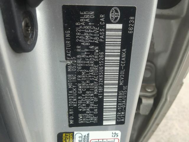 4T1BF32K65U615266 - 2005 TOYOTA CAMRY LE SILVER photo 10