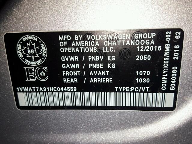 1VWAT7A31HC044559 - 2017 VOLKSWAGEN PASSAT S Silber Foto 10