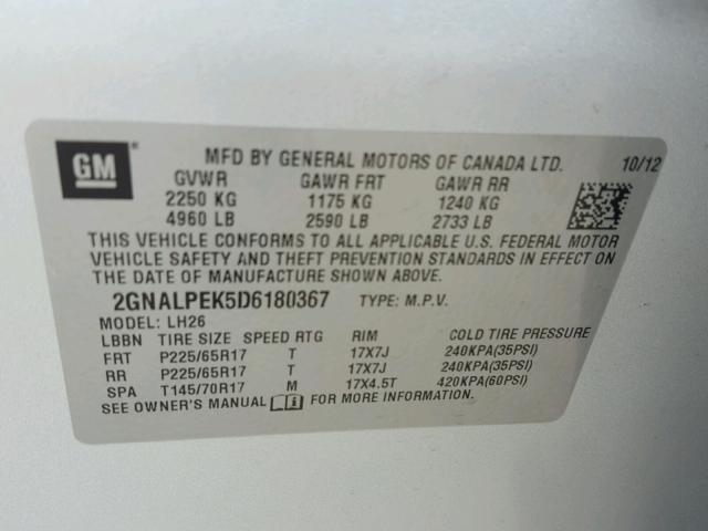 2GNALPEK5D6180367 - 2013 CHEVROLET EQUINOX LT SILVER photo 10