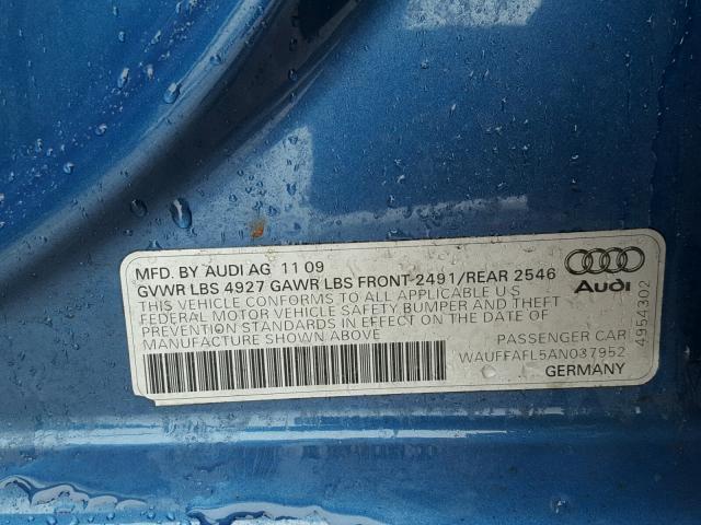 WAUFFAFL5AN037952 - 2010 AUDI A4 PREMIUM BLUE photo 10