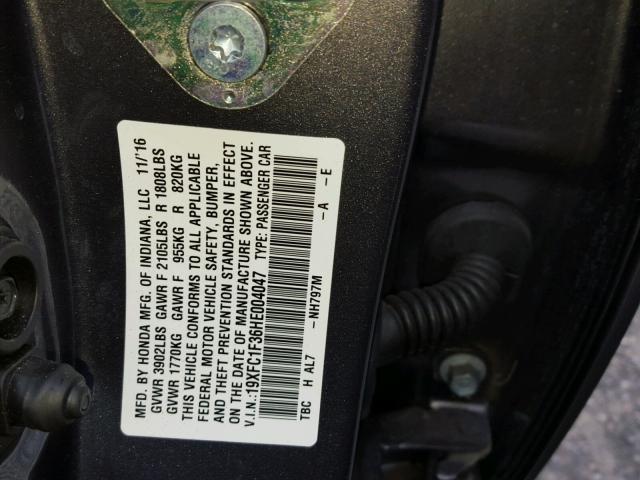 19XFC1F36HE004047 - 2017 HONDA CIVIC EX ნაცრისფერი ფოტო 10