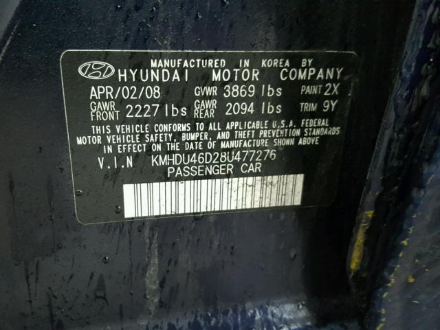 KMHDU46D28U477276 - 2008 HYUNDAI ELANTRA GL BLUE photo 10