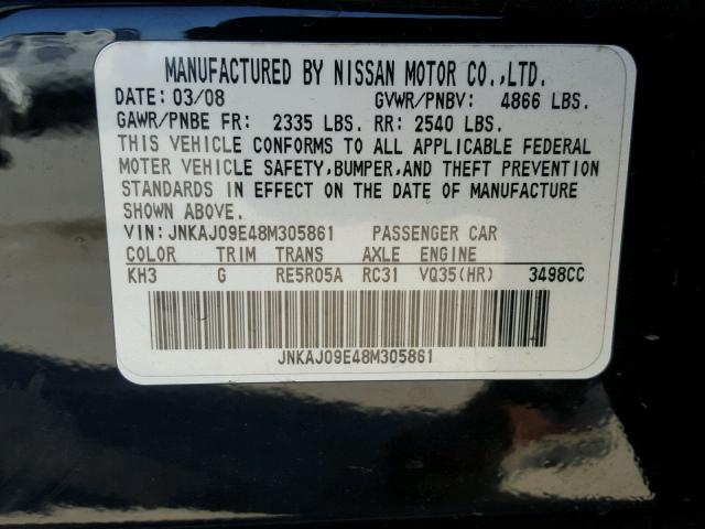 JNKAJ09E48M305861 - 2008 INFINITI EX35 BASE BLACK photo 10