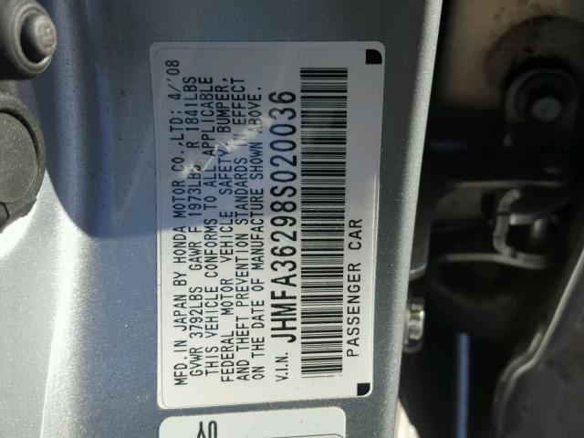 JHMFA36298S020036 - 2008 HONDA CIVIC HYBR SILVER photo 10