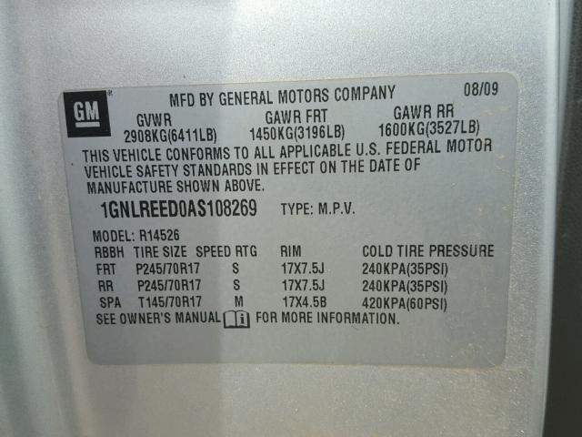 1GNLREED0AS108269 - 2010 CHEVROLET TRAVERSE L SILVER photo 10