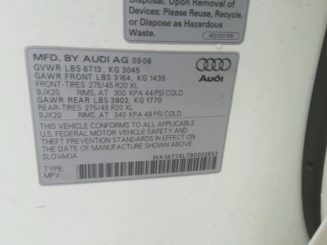 WA1AY74L79D022653 - 2009 AUDI Q7 3.6 QUA WHITE photo 10