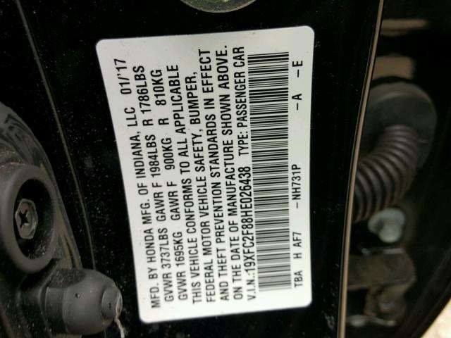 19XFC2F88HE026438 - 2017 HONDA CIVIC EX BLACK photo 10