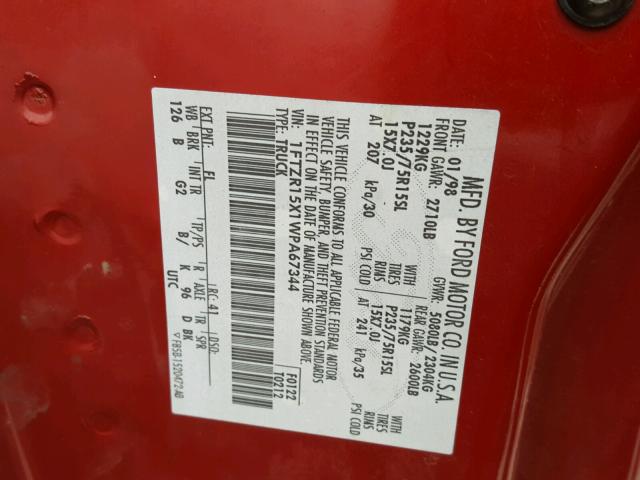 1FTZR15X1WPA67344 - 1998 FORD RANGER SUP RED photo 10