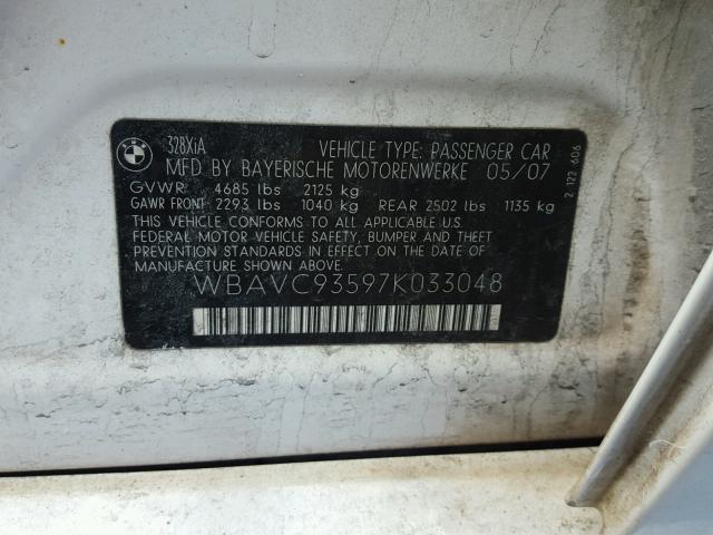 WBAVC93597K033048 - 2007 BMW 328 XI Սպիտակ լուսանկար 10