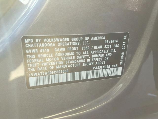 1VWAT7A30FC002669 - 2015 VOLKSWAGEN PASSAT S GRAY photo 10