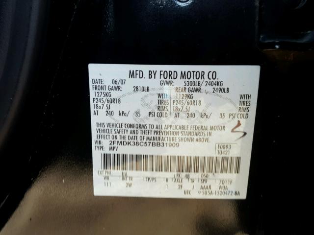 2FMDK38C57BB31909 - 2007 FORD EDGE SEL BLACK photo 10