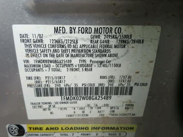 1FMDK02W08GA25489 - 2008 FORD TAURUS X S SILVER photo 10