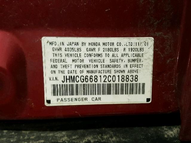 JHMCG66812C018838 - 2002 HONDA ACCORD EX RED photo 10