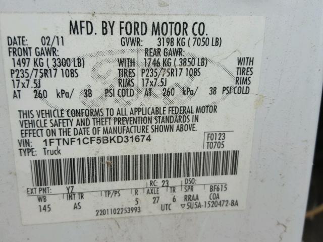 1FTNF1CF5BKD31674 - 2011 FORD F150 WHITE photo 10