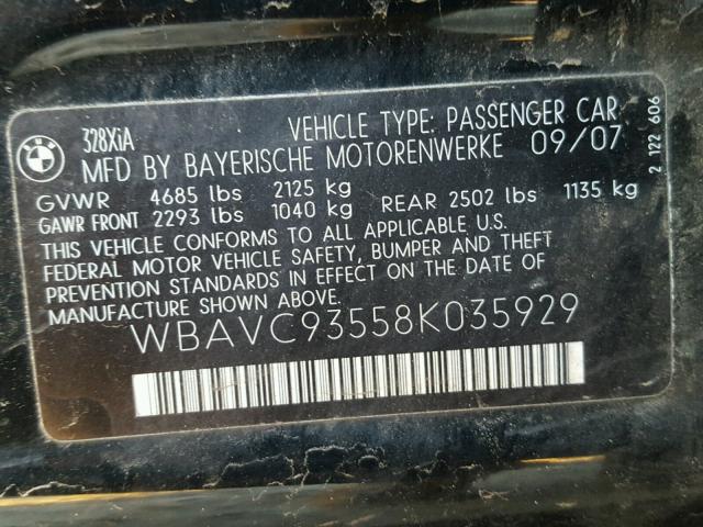 WBAVC93558K035929 - 2008 BMW 328 XI BLACK photo 10