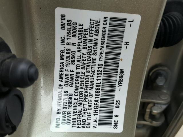 1HGFA16868L115210 - 2008 HONDA CIVIC EX ოქროსფერი ფოტო 10