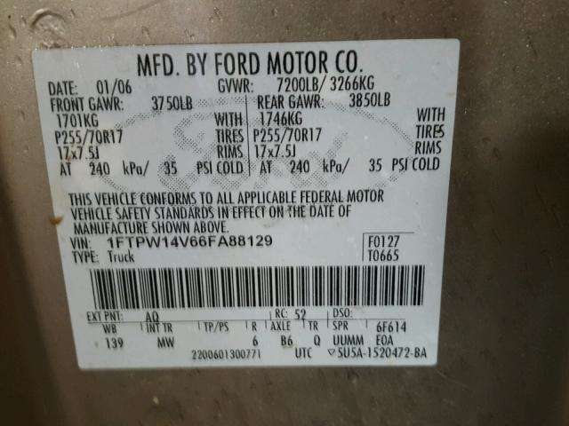 1FTPW14V66FA88129 - 2006 FORD F150 SUPER TAN photo 10